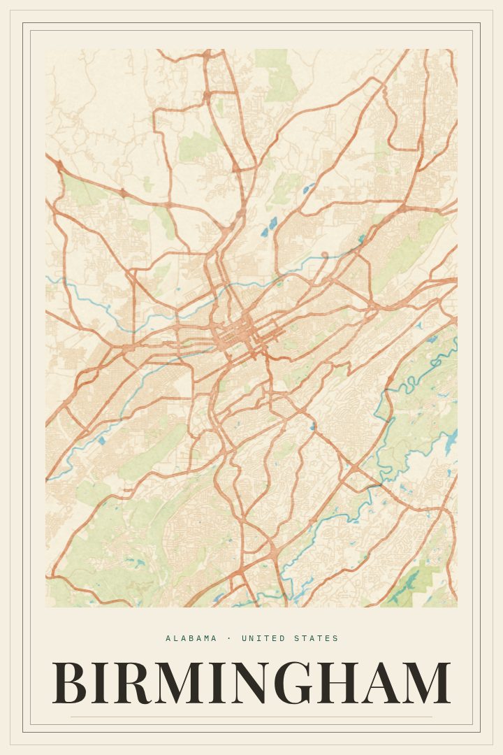 Birmingham map poster, Painted Survey style