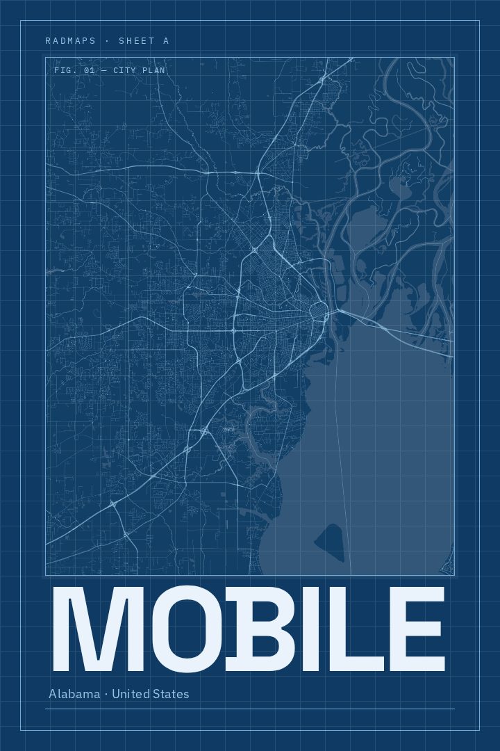 Mobile map poster, Blueprint style