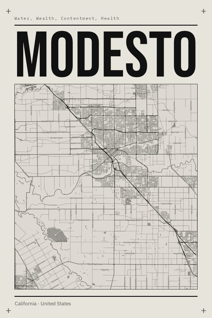 Modesto map poster, Brutalist style