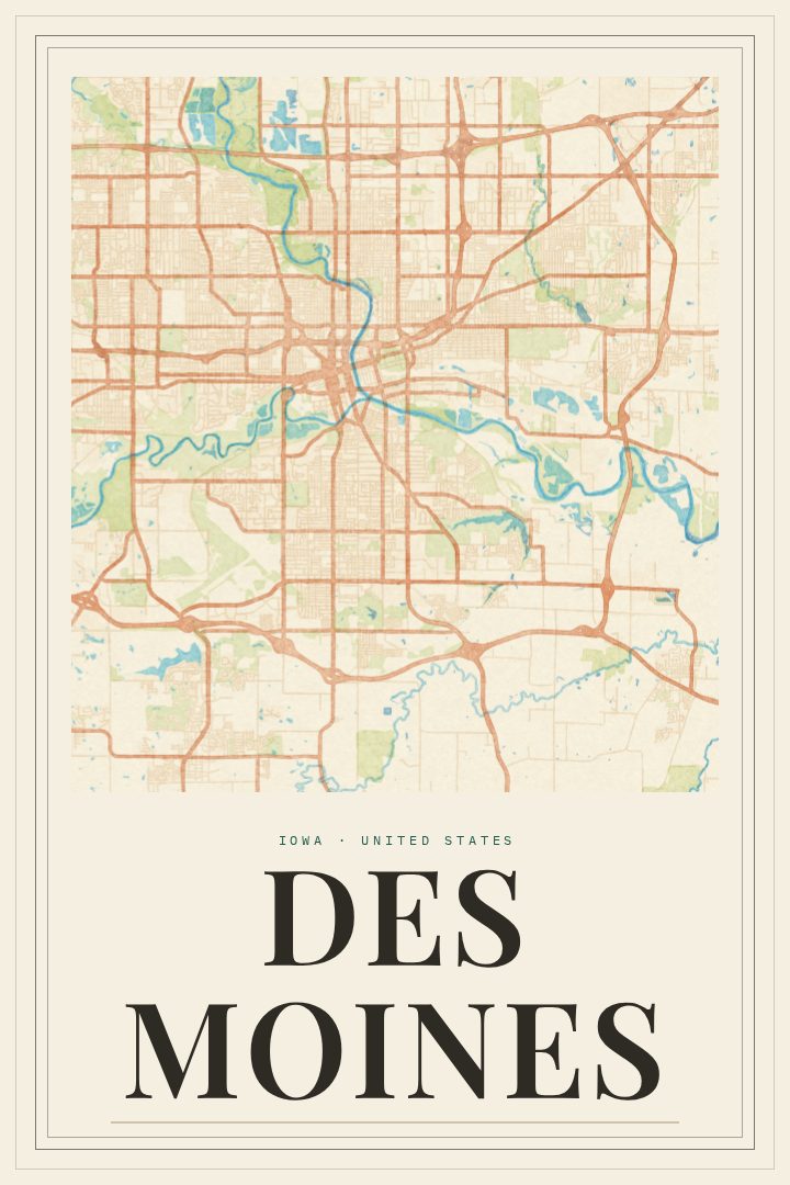 Des Moines map poster, Painted Survey style