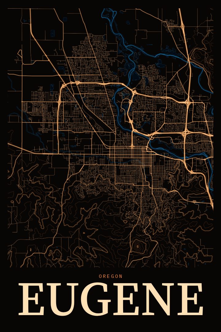 Eugene map poster, Neon Night style