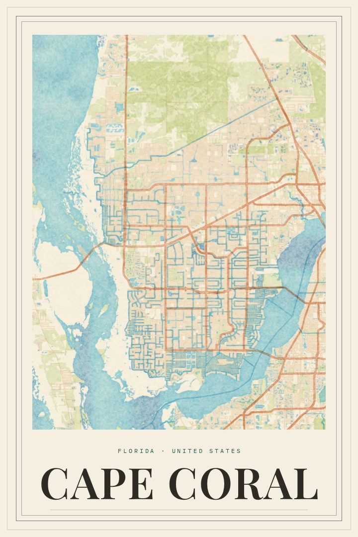 Cape Coral map poster, Painted Survey style
