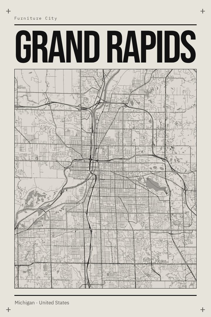 Grand Rapids map poster, Brutalist style