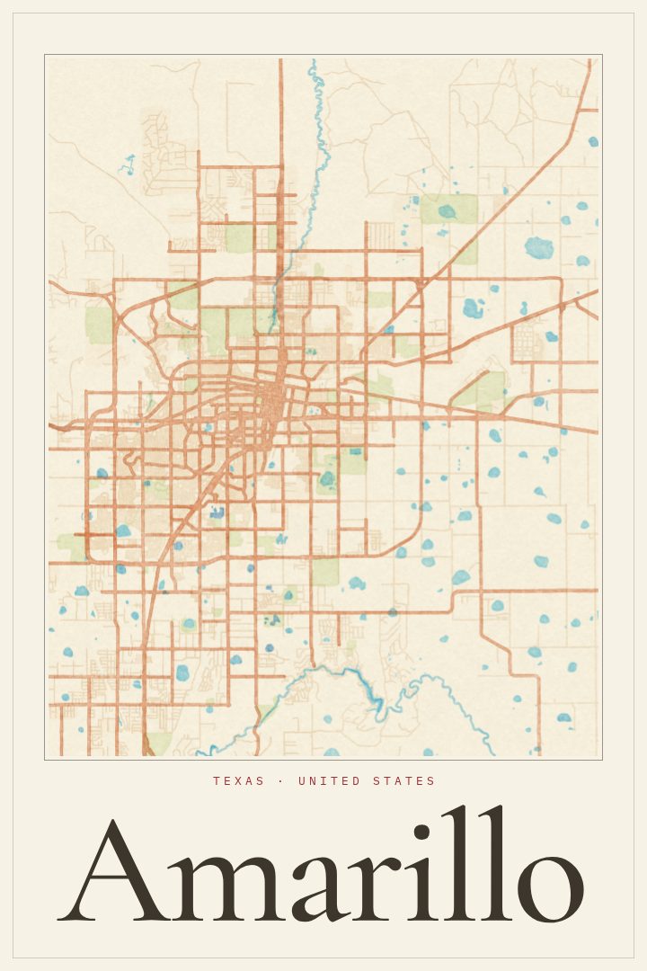 Amarillo map poster, Watercolor style