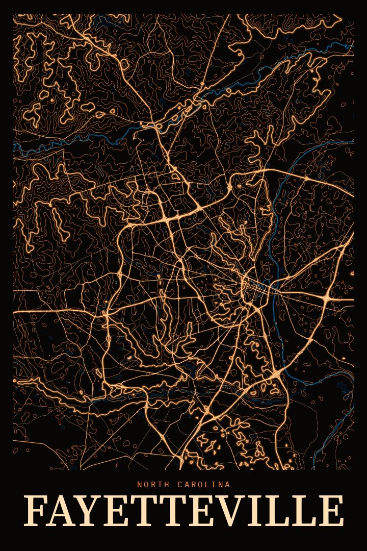 Fayetteville map poster, Neon Night style