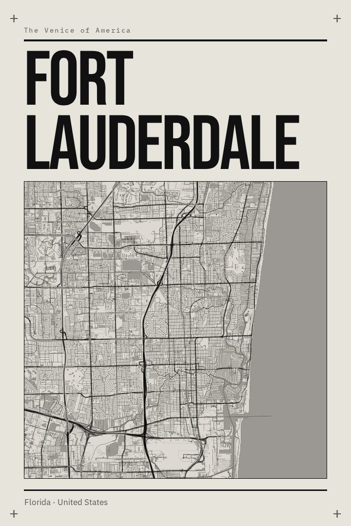 Fort Lauderdale map poster, Brutalist style