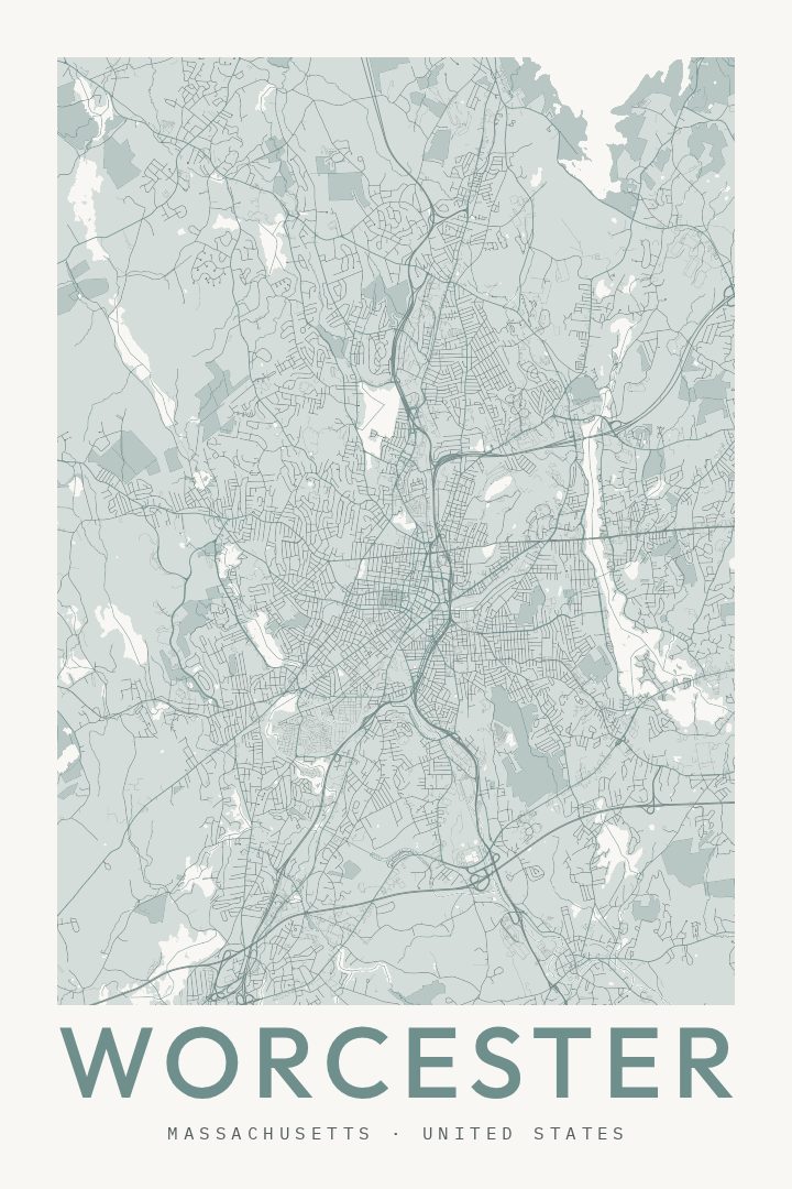 Worcester city map poster for Massachusetts