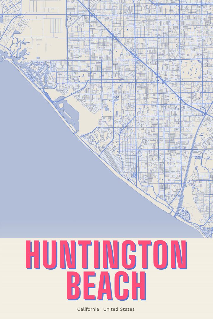 Huntington Beach map poster, Overprint style