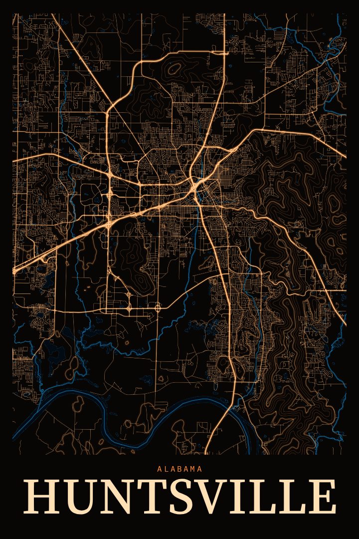 Huntsville map poster, Neon Night style
