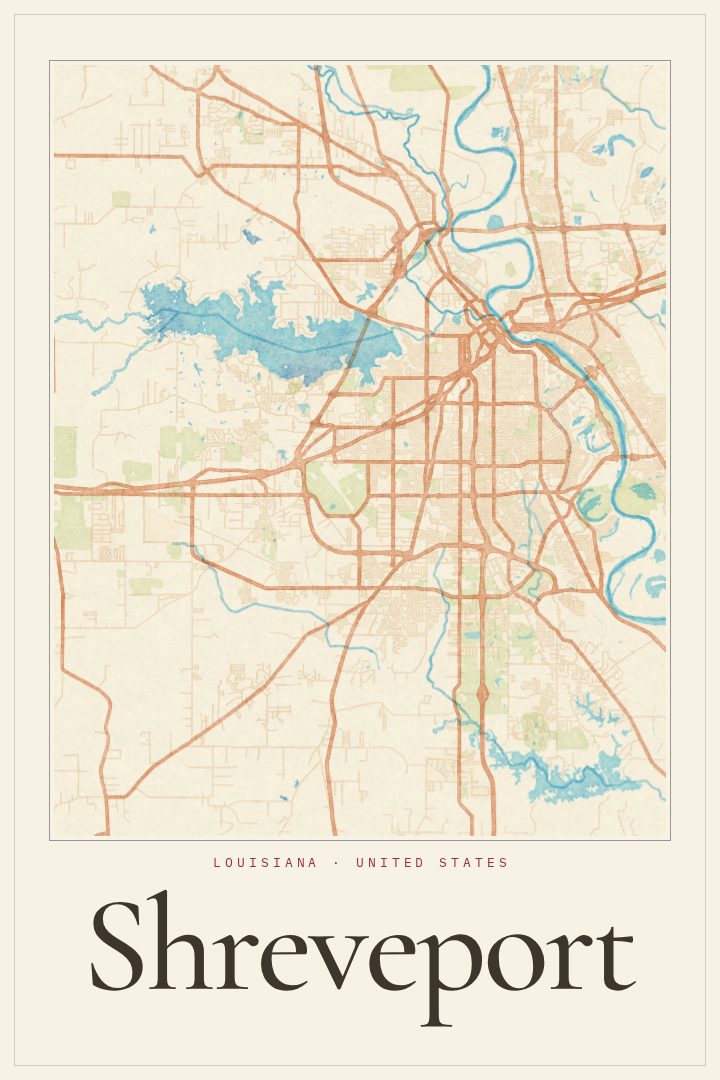Shreveport map poster, Watercolor style