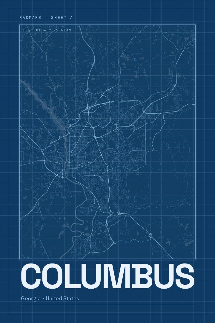 Columbus map poster, Blueprint style