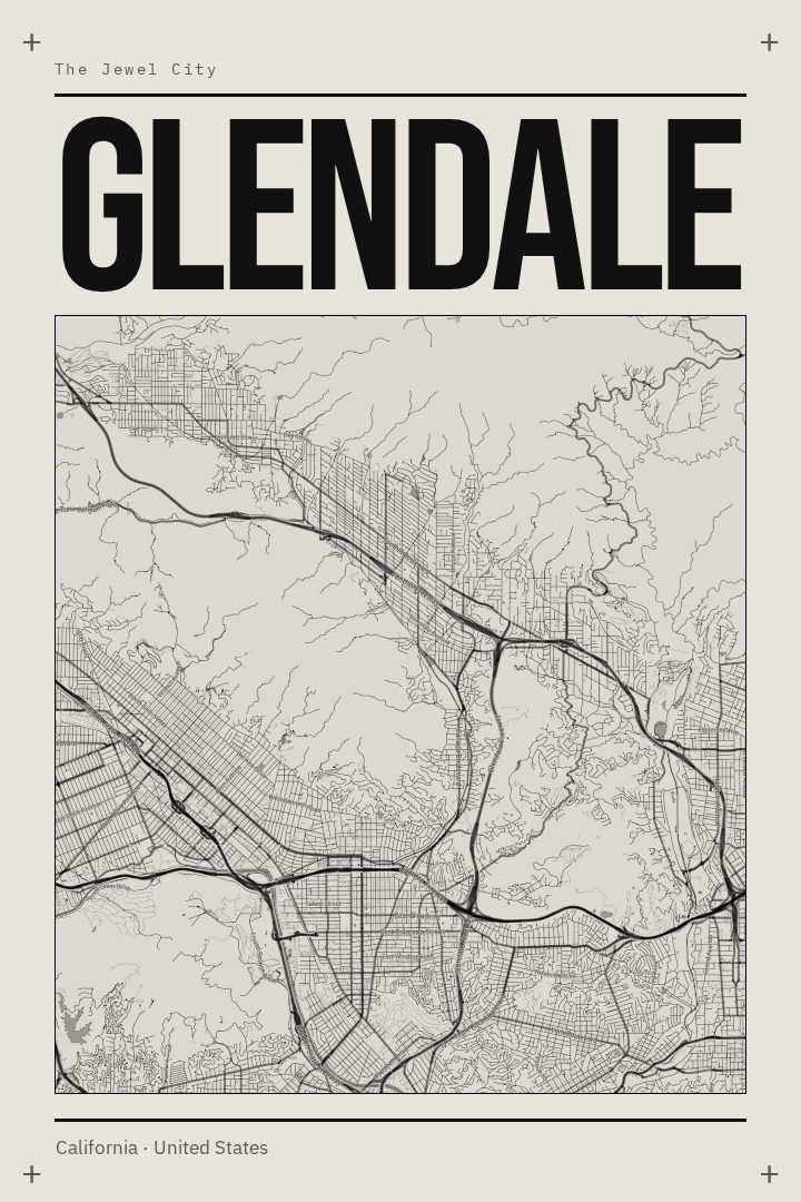 Glendale map poster, Brutalist style