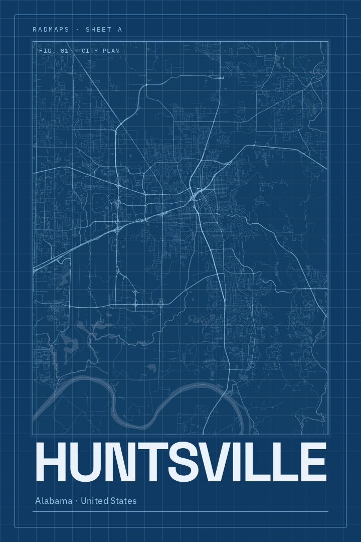 Huntsville map poster, Blueprint style