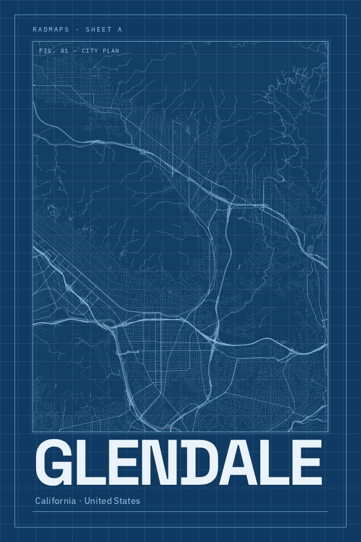 Glendale map poster, Blueprint style