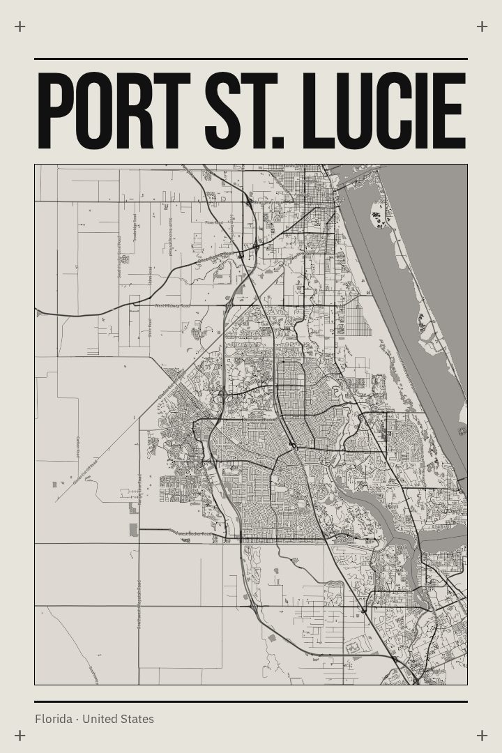 Port St. Lucie map poster, Brutalist style