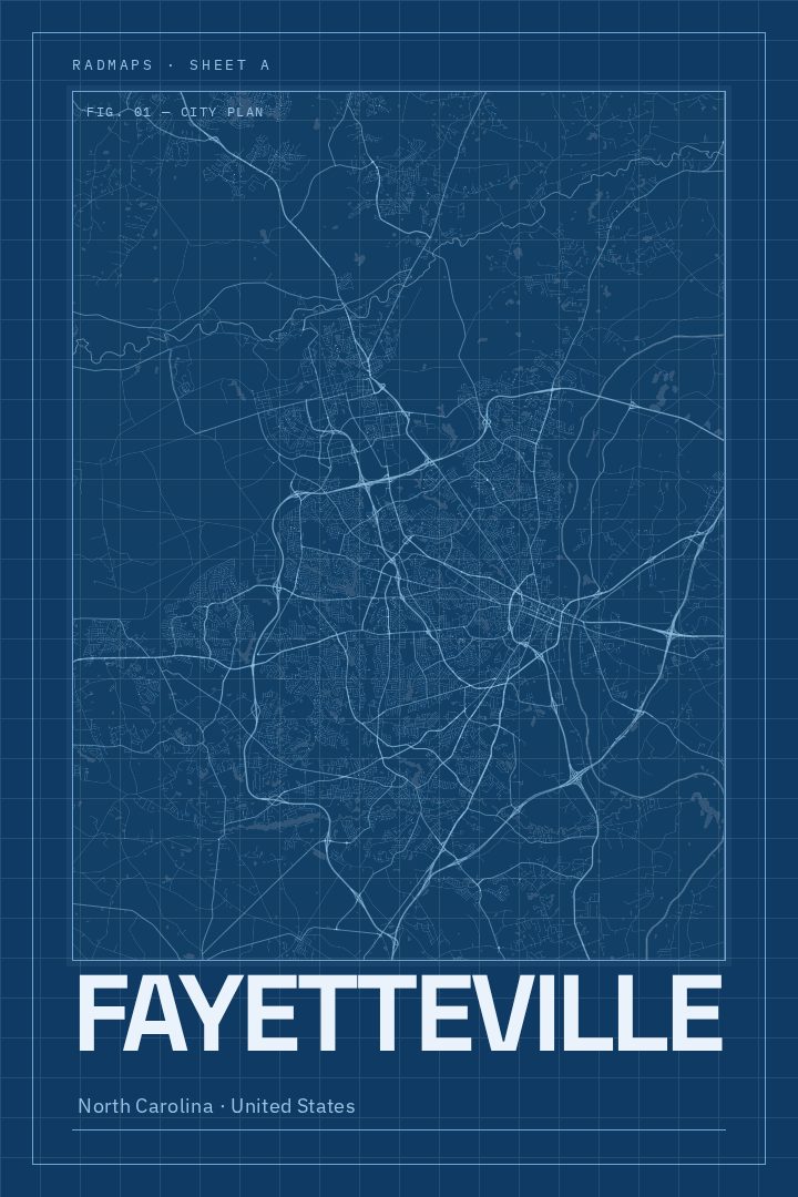 Fayetteville map poster, Blueprint style