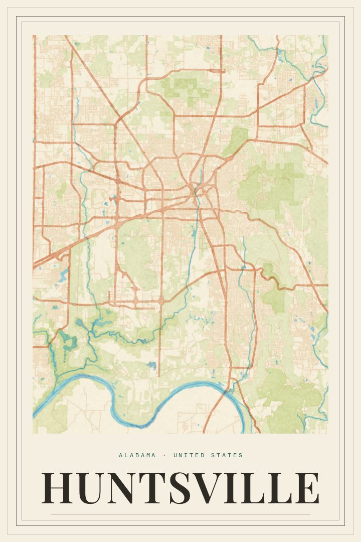 Huntsville map poster, Painted Survey style