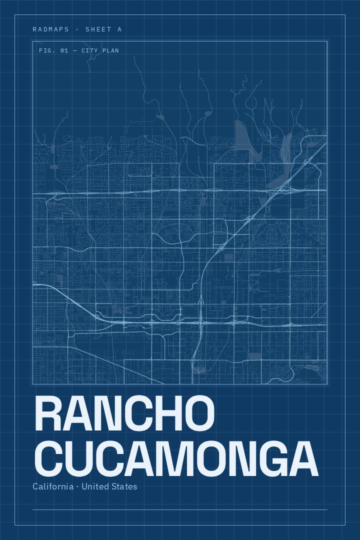 Rancho Cucamonga map poster, Blueprint style
