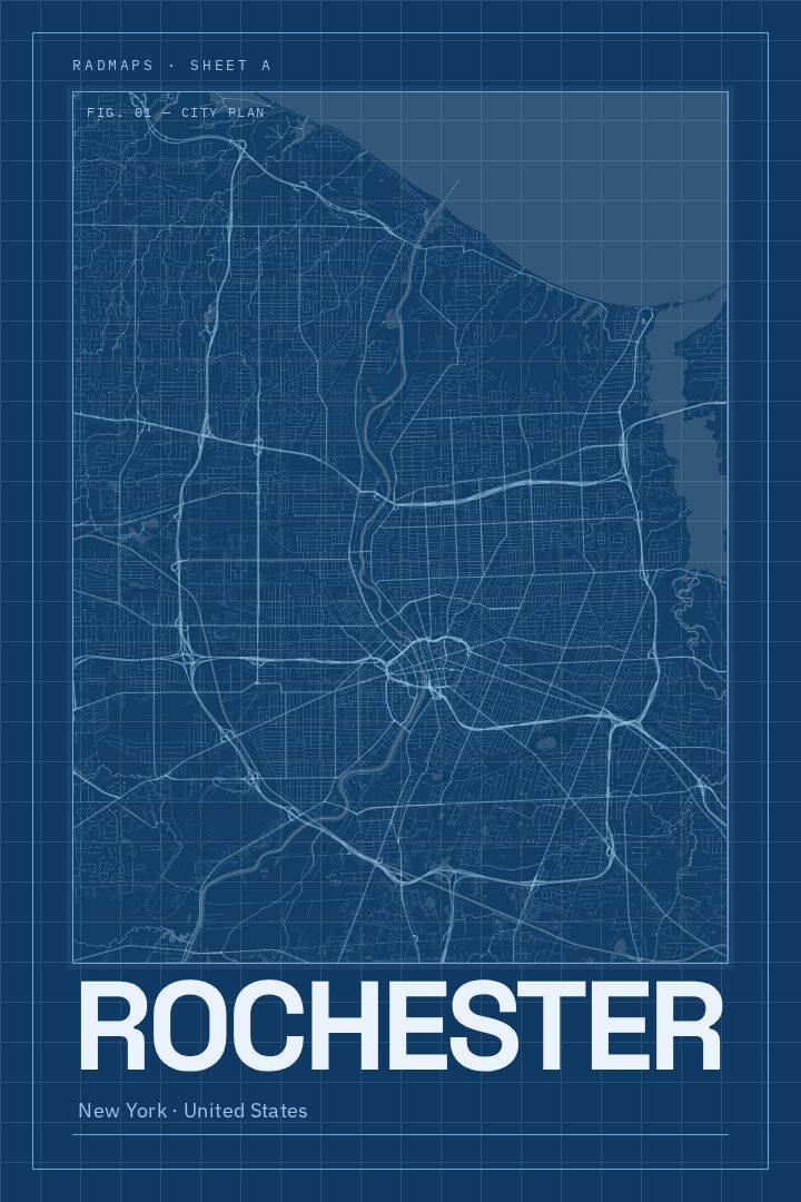 Rochester map poster, Blueprint style
