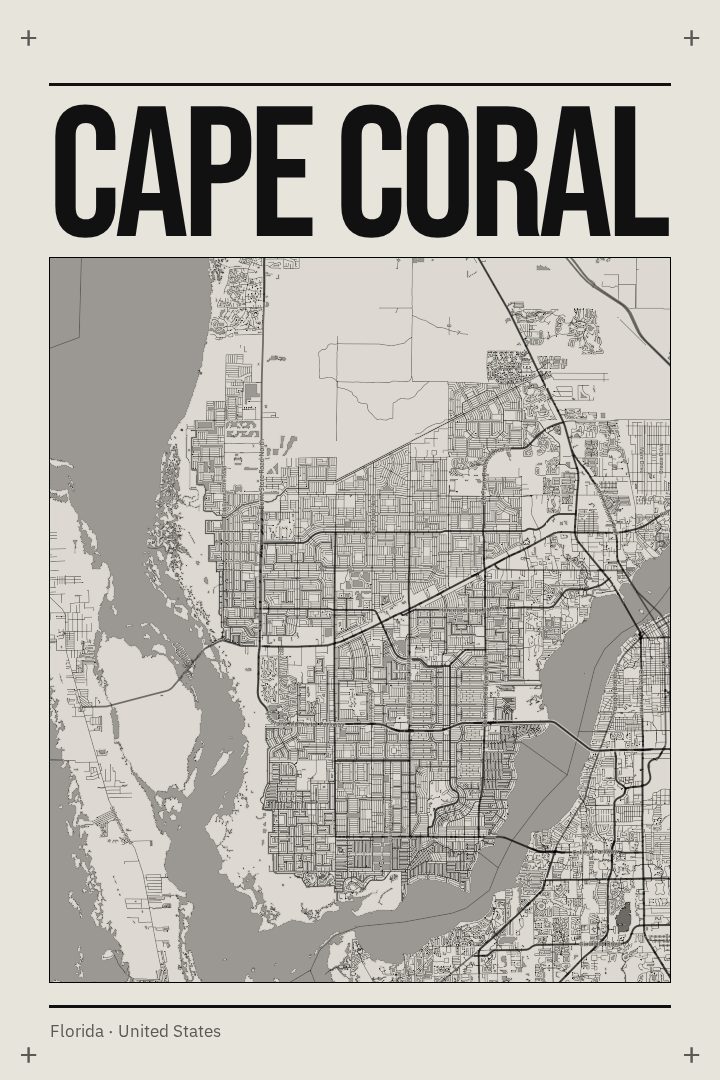 Cape Coral map poster, Brutalist style