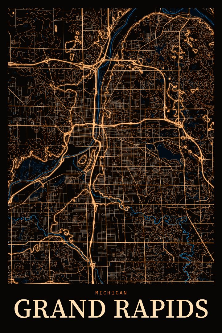 Grand Rapids map poster, Neon Night style