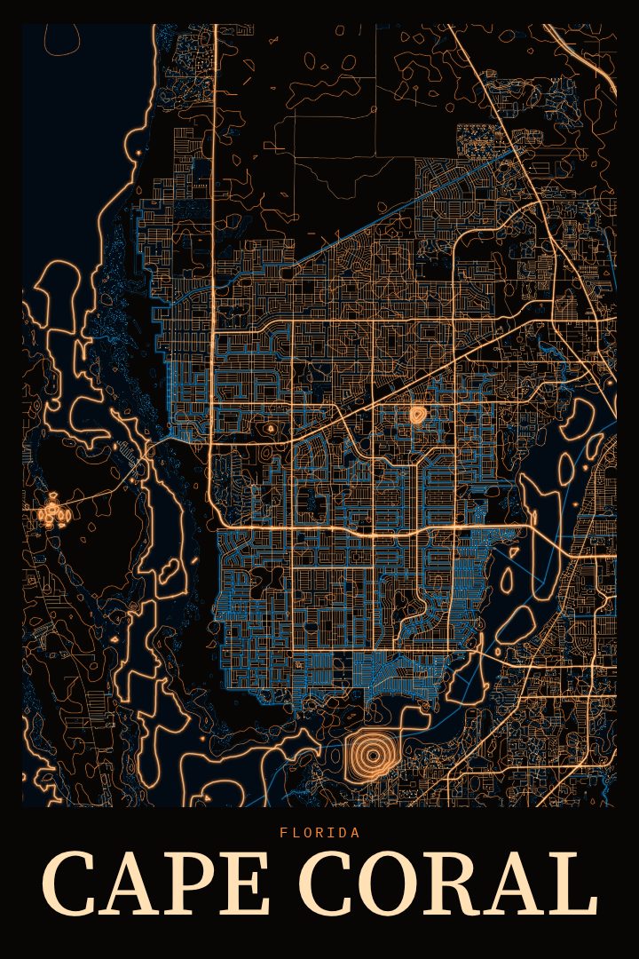 Cape Coral map poster, Neon Night style
