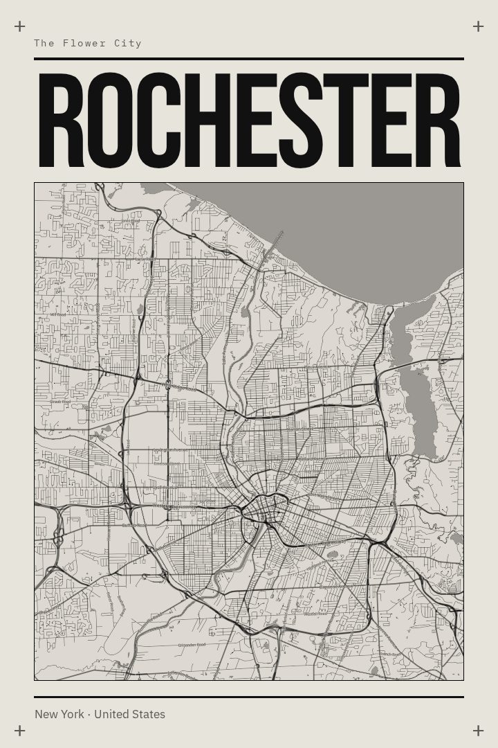 Rochester map poster, Brutalist style