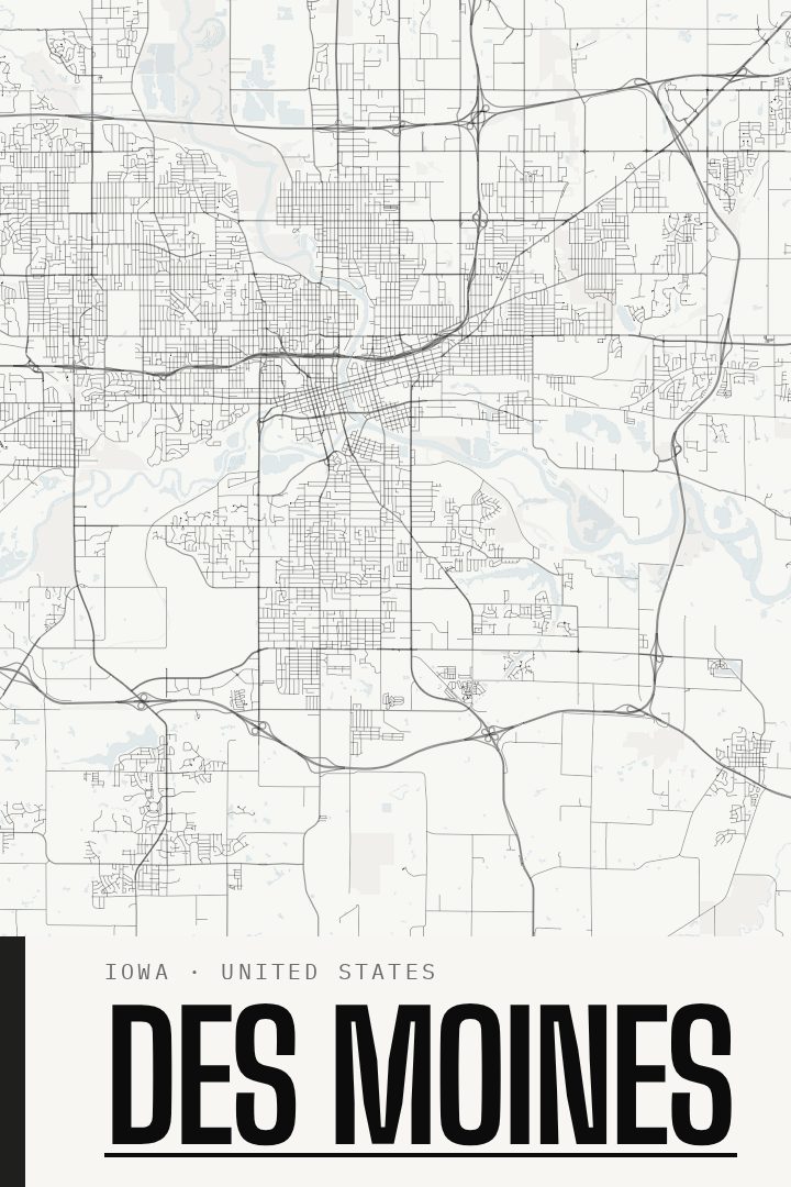Des Moines map poster, Blackline style