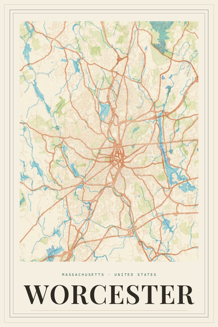 Worcester map poster, Painted Survey style