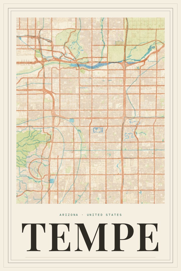 Tempe map poster, Painted Survey style