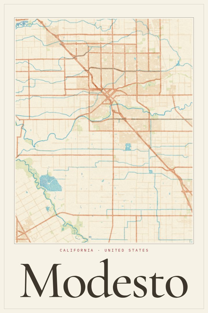 Modesto map poster, Watercolor style
