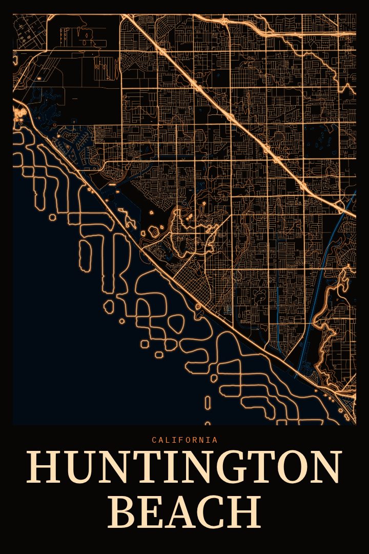 Huntington Beach map poster, Neon Night style