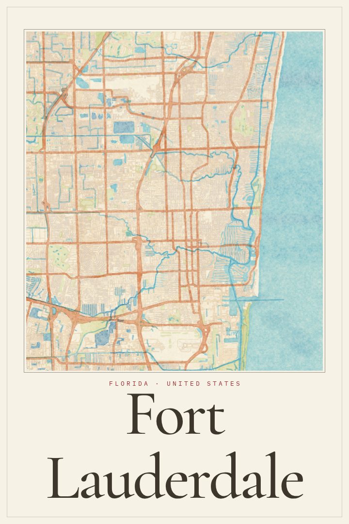 Fort Lauderdale map poster, Watercolor style