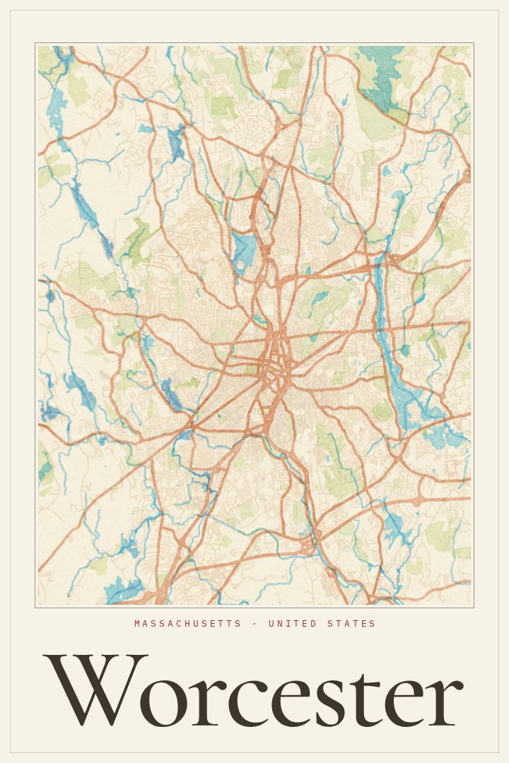 Worcester map poster, Watercolor style
