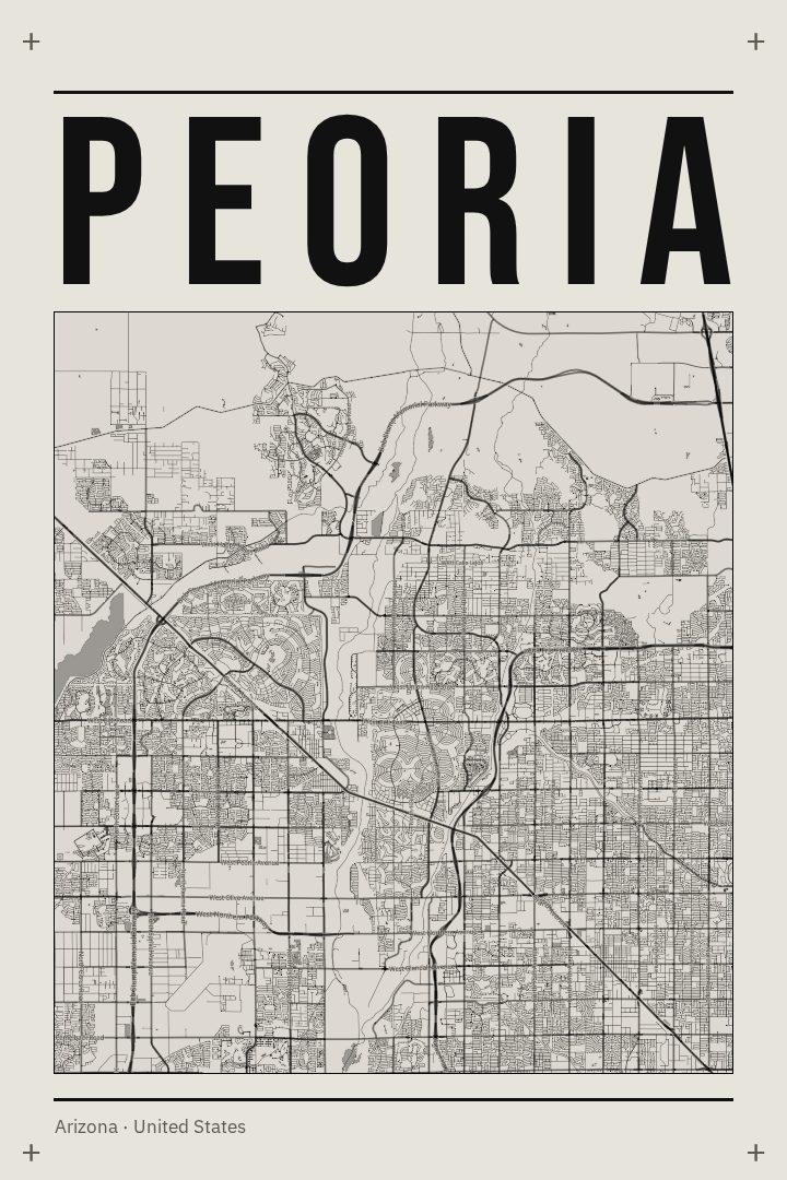 Peoria map poster, Brutalist style
