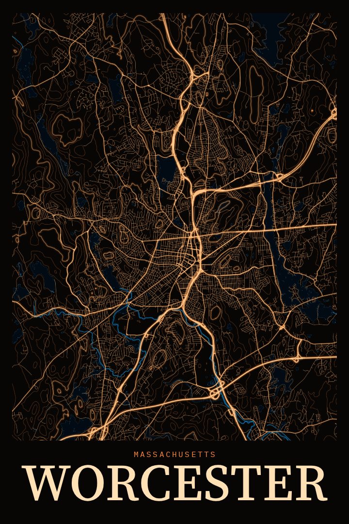 Worcester map poster, Neon Night style