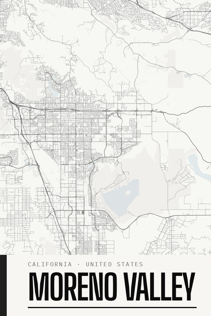 Moreno Valley map poster, Blackline style