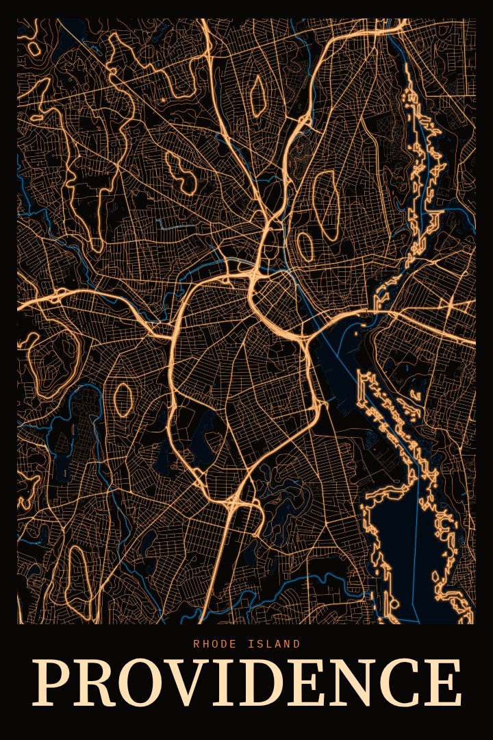 Providence map poster, Neon Night style