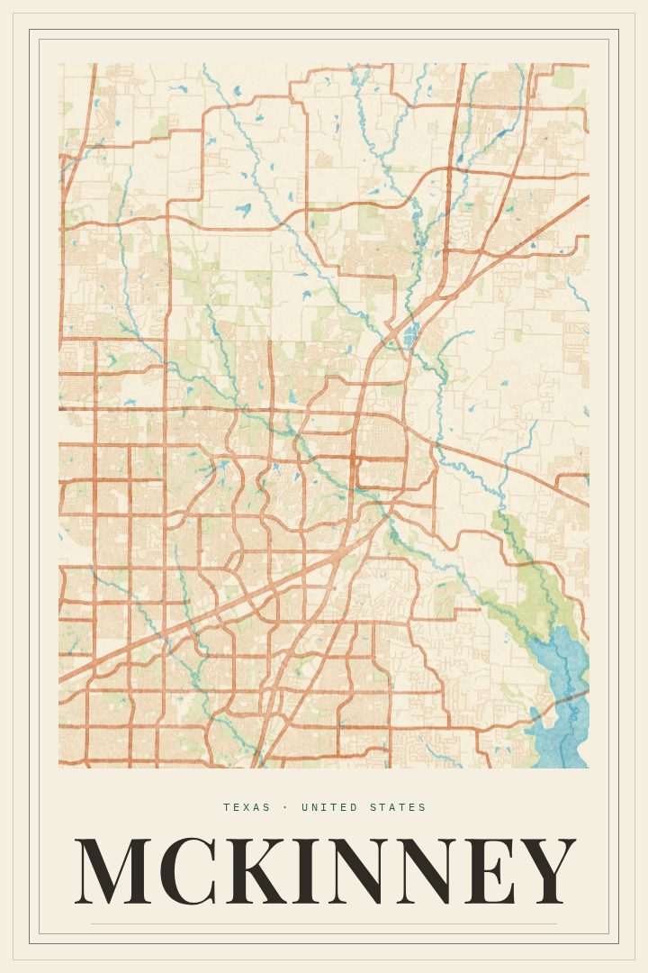 McKinney map poster, Painted Survey style