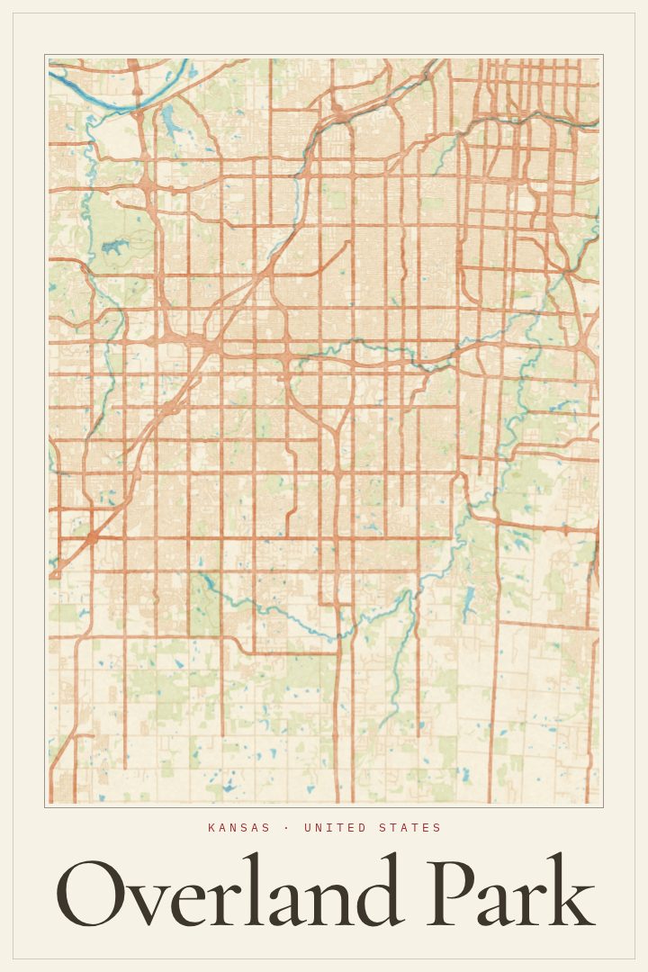 Overland Park map poster, Watercolor style