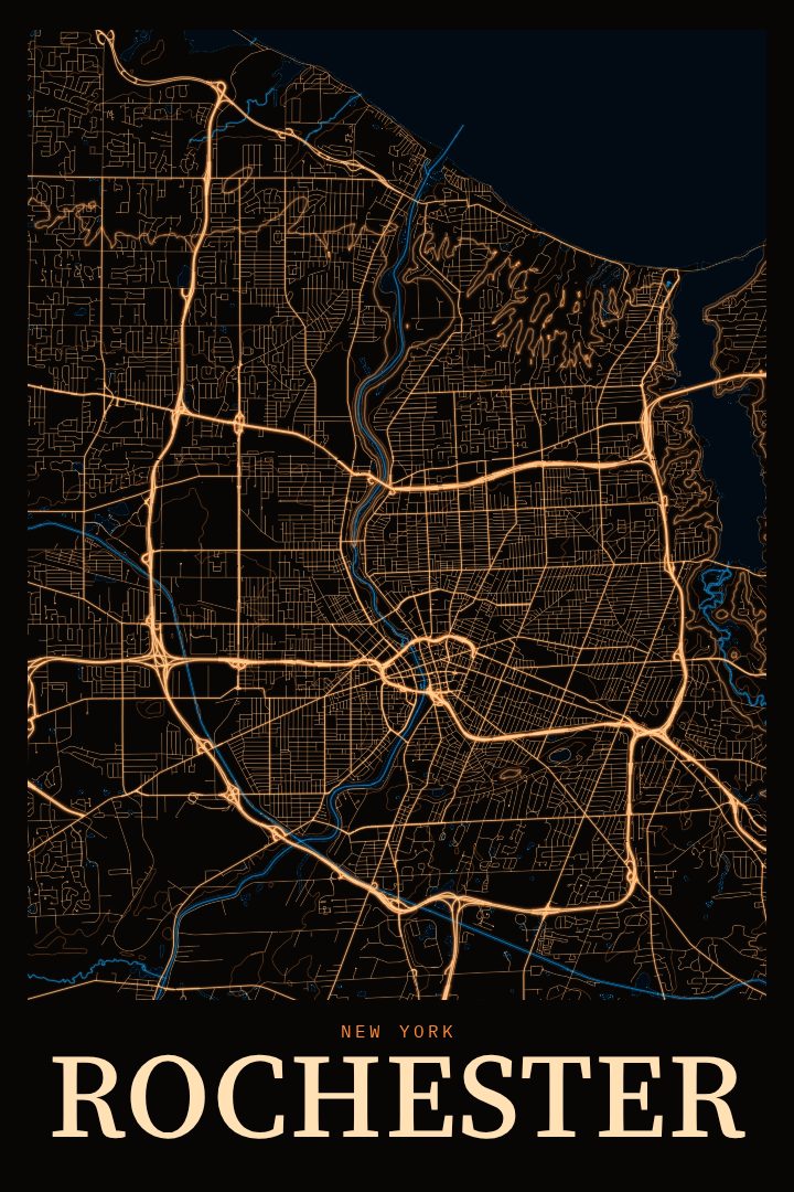 Rochester map poster, Neon Night style