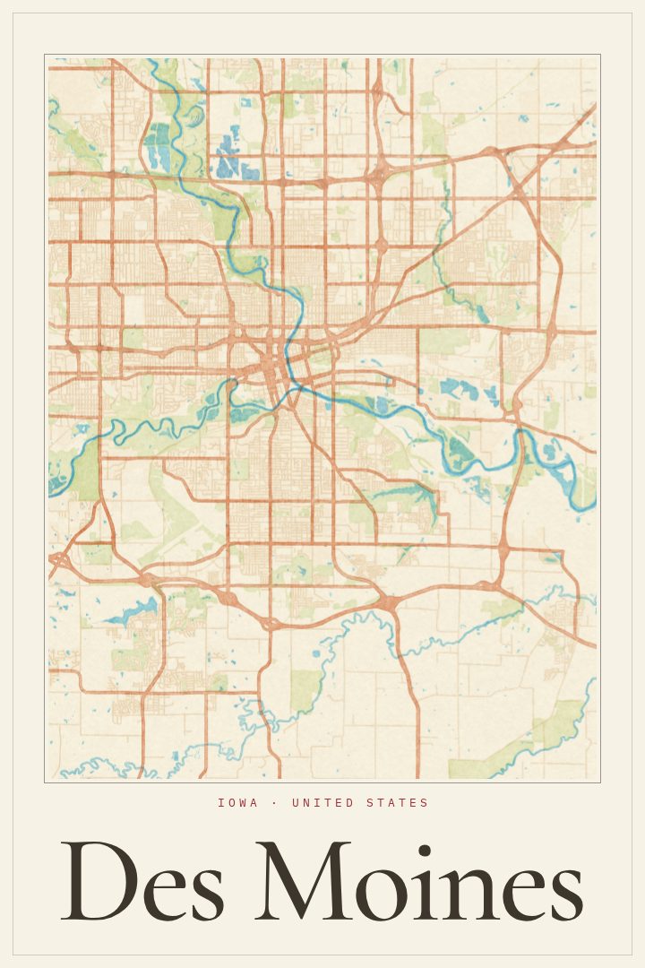 Des Moines map poster, Watercolor style