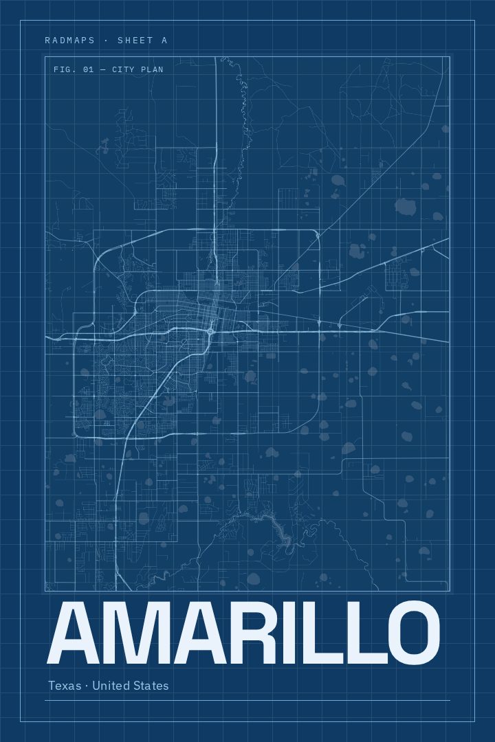 Amarillo map poster, Blueprint style