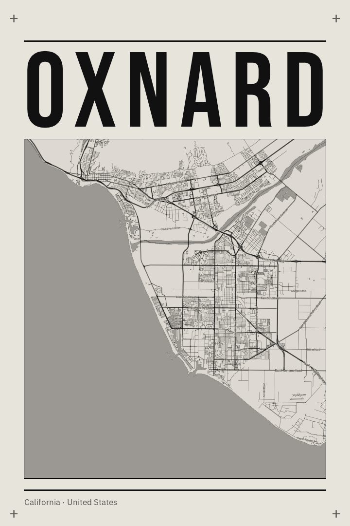Oxnard map poster, Brutalist style