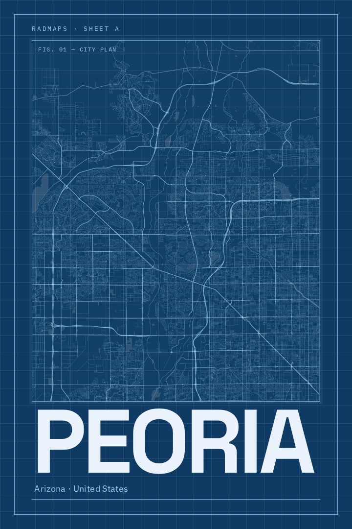 Peoria map poster, Blueprint style