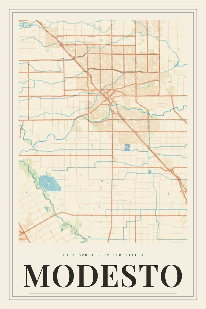 Modesto map poster, Painted Survey style