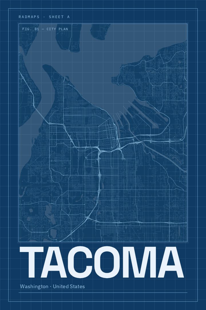 Tacoma map poster, Blueprint style