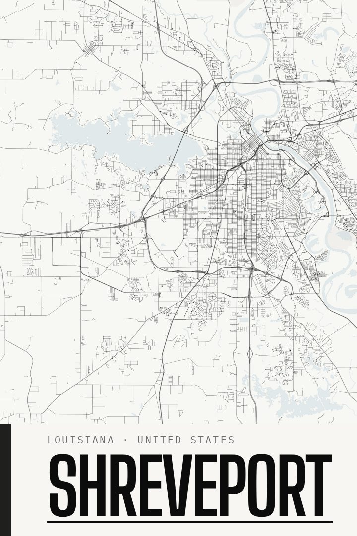 Shreveport map poster, Blackline style