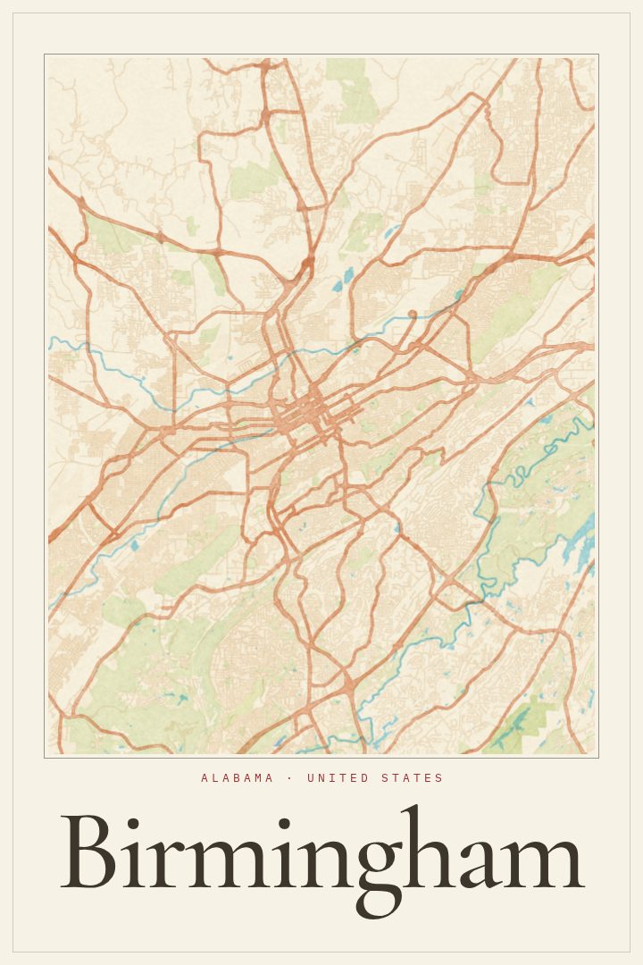 Birmingham map poster, Watercolor style