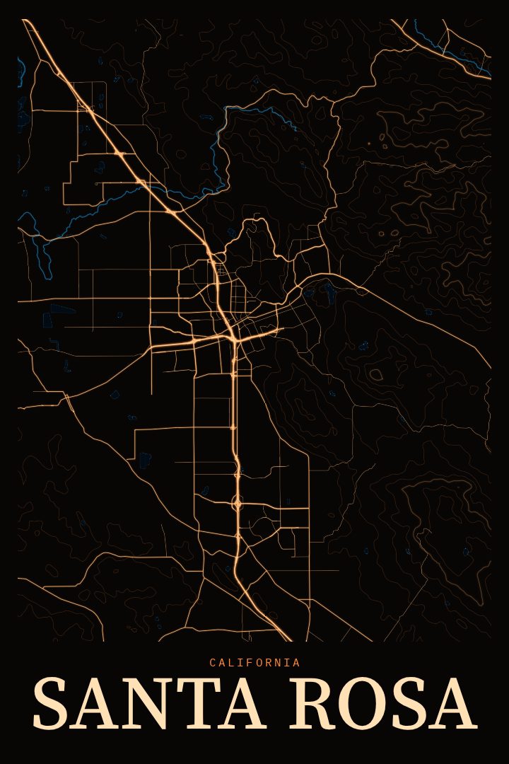 Santa Rosa map poster, Neon Night style